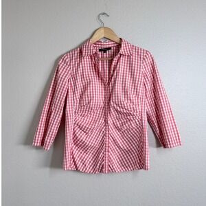 Lafayette 148 NY‎ Pink Gingham Wrinkle Free Button Down Shirt Women Size 4 Small